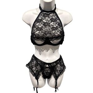Yandy 3 Piece Lace Set Top G String Garter Belt Black Size Medium